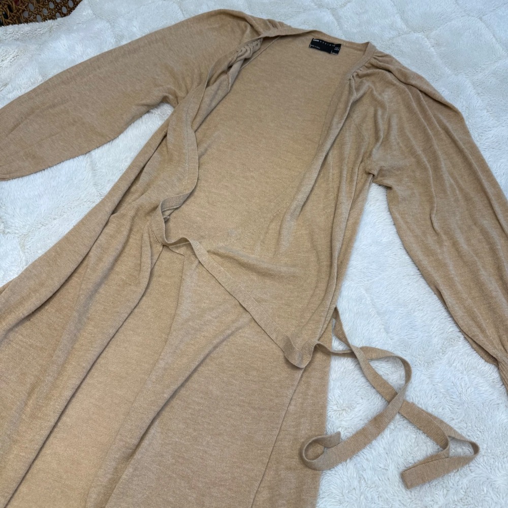 ASOS DESIGN Women US 2 Camel Longline Belted Cardigan Balloon Sleeve Duster